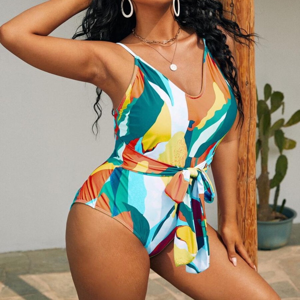 PLUS SIZE Boho Front Tie One Piece Swim Monokini - Picture 2 of 4